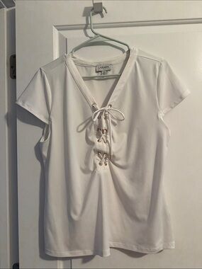 Carmen Lace Up White Tee – Y2K Corset Style Fitted Top-size large